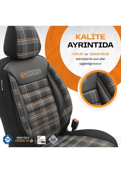 Tr Gti Sports Design Oto Koltuk Kılıfı Ekstra Destekli Özel Jacquard Kumaş Tam Set - Turuncu-siyah Genel