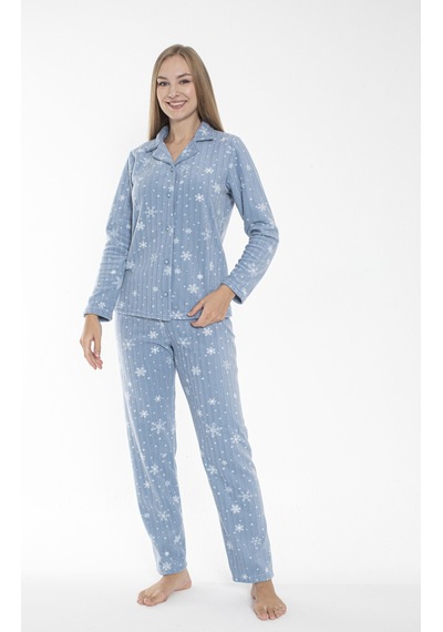 Estiva Kadın Kışlık Kar Desenli Önden Düğmeli Fitilli Polar Pijama Takımı Mavi Çok Renkli