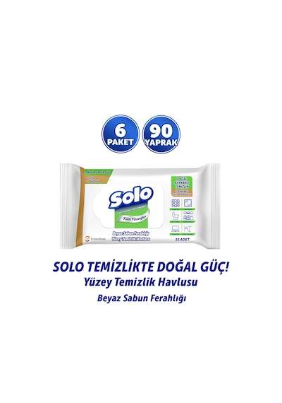 Solo Doğal Güç Beyaz Sabun Ferahlığı Seyahat Boy Yüzey Temizlik Havlusu 6'lı 90 Yaprak