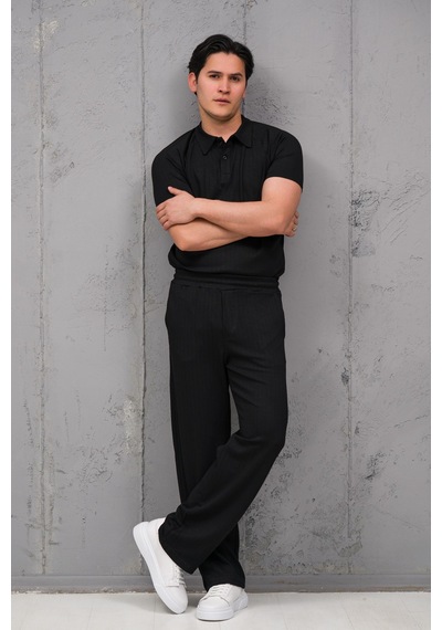 Mass Plus Regular Fit Likralı Kendinden Çizgili Yarım Baggy Pantolonlu T-shirt Takım Siyah Mass Plus Regular Fit Likralı Kendinden Çizgili Yarım Baggy Pantolonlu T-shirt Takım Siyah