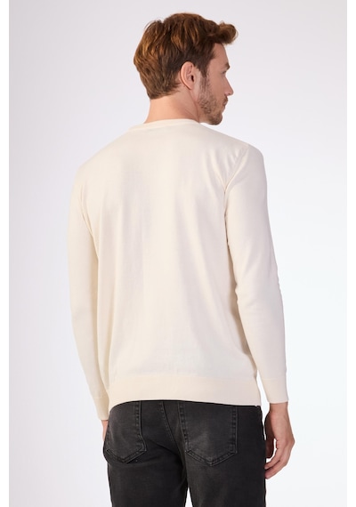 Dufy Ekru Bisiklet Yaka %100 Pamuk Düz Renk Slim Fit Erkek Triko Ekru
