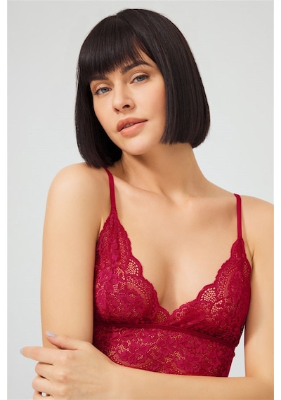 Cottonhill Bordo Dantelli Transparan Balensiz Kadın Sütyen Takımı Bordo
