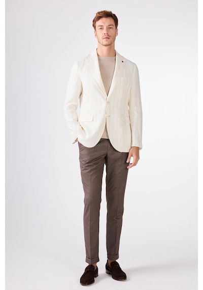Dufy Ekru Erkek Regular Fit Çizgili Sivri Yaka Keten Ceket - 104438 Ekru