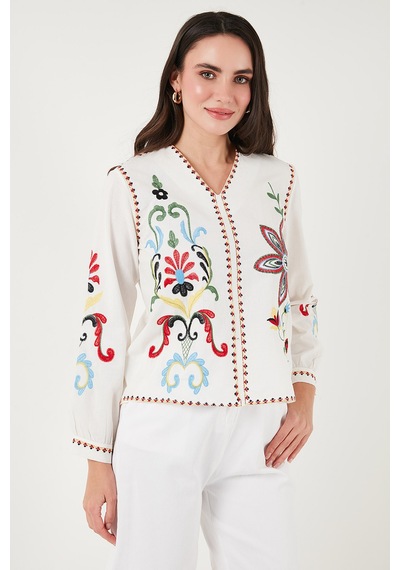 Lela Pamuklu Nakış Işlemeli Oversize Fit V Yaka Bayan Bluz 676254 Ekru