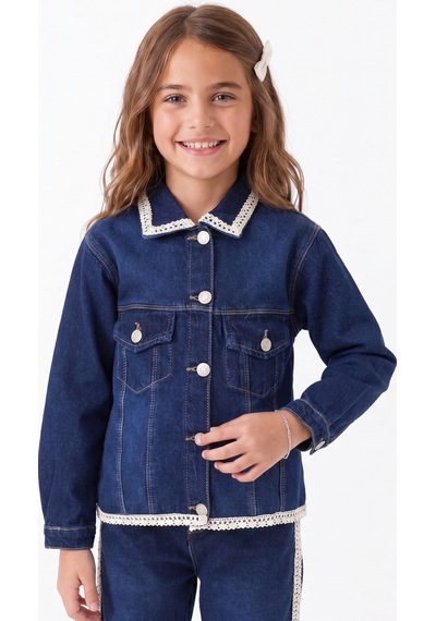 Onloox Kız Çocuk Koyu Mavi Kız Çocuk Koyu Mavi Pamuklu Denim Gömlek Yaka Regular Güpür Detaylı Düğmeli Jean Ceket 3-7 Yaş