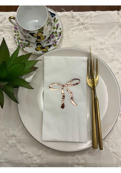 Rose Gold Yaldızlı Beyaz Fiyonk Baskılı Garson Katlama Peçete 16 Adet