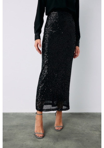 Sateen Pul Payetli Midi Etek - Siyah-135196 Siyah