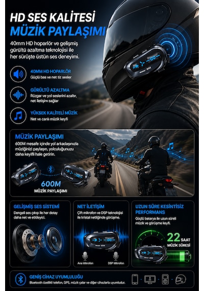 D3x Motosiklet İnterkom Bluetooth 5.4 Kask Kulaklığı 600 Metre Görüşme Hd Hoparlör Müzik Paylaşımı Ip56 Su Geçirmez