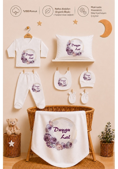 Pia Baby Kız Bebek Hastane Çıkışı 11 Parça %100 Pamuk İsimli Kişiye Özel Organik Baskılı Set 2052113x Ekru