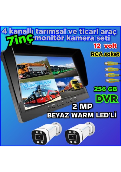 Tarım Araçlarına Özel 2 Adet Ahd 2 Mp Warm Ledli Kamera 7 İnç Qled Ips 256 Gb Dvr Monitör 12 Volt