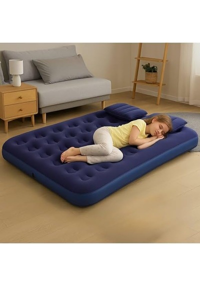Taşınabilir Çift Kişilik Şişme Yatak + Pompa 203x152x22 Cm Kamp & Misafir Kullanımı Lacivert