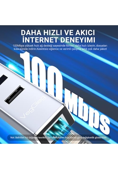 Usb Type-c To 100mbps Ethernet Çevirici Ve 3 Portlu Usb Hub Çoklayıcı