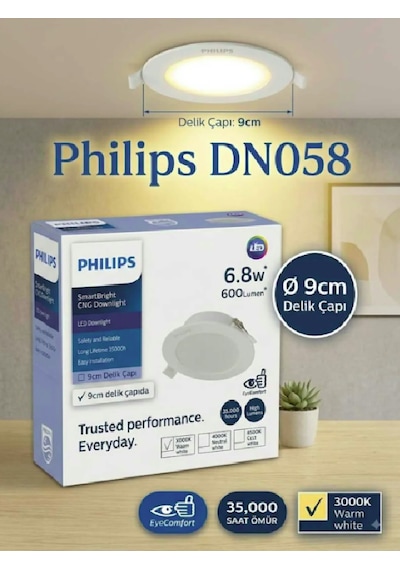 Philips 6.8w 600 Lumen 3000k Sarı Işık Kesim Çapı 9mm Dış Çapı 150mm