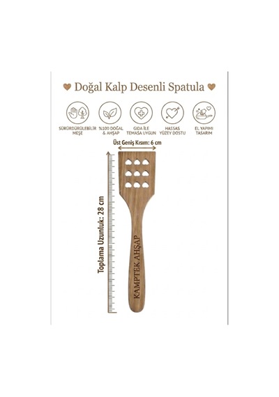 Kamptek Kalp Delikli Ahşap Spatula Doğal Ahşap Meşe Aşçıların Sevgilisi Ahşap