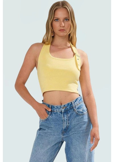 Ersefa Fitted Kalıp Viskoz Ribana Crop Bluz Boyundan Bağlamalı Yaka Günl Açık Sarı