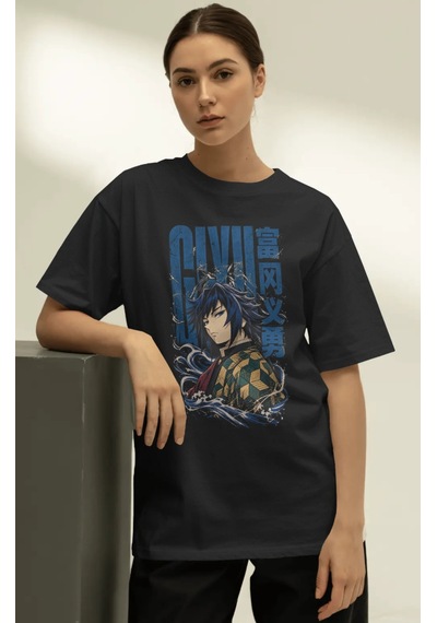Unisex Oversize Giyu Tomioka Demon Slayer Anime Karakter Ön Baskı Siyah