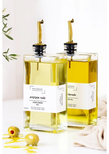 Cam Yağdanlık Seti 2 Li 500 Ml, Sızdırmaz Kapaklı, Etiketli Şişe Gold