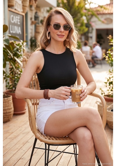 Lela Fitilli Super Crop Örme Bayan Atlet 5865554 Siyah