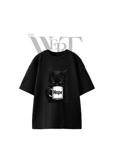 Thewert Nope Kedi Tasarım Baskılı Ünisex Siyah Oversize T-shirt