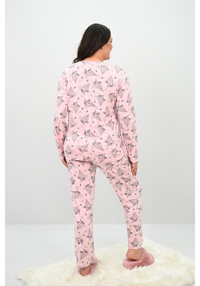 Kadın Büyük Beden Çiçek Desenli Uzun Kollu Pijama Takımı 4235-25 Siyah