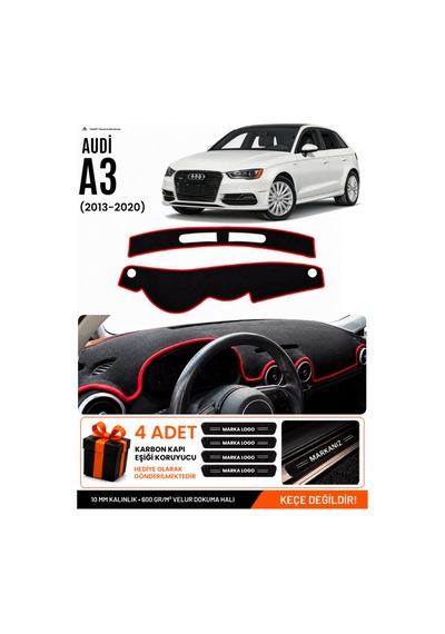 Audi A3 2013-2020 Uyumlu Torpido Koruma, Torpido Örtüsü, Torpido Kılıfı - Siyah-kırmızı - Au007