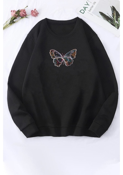 Unisex Butterfly Baskılı Bisiklet Yaka Sweatshirt Siyah