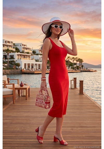 Lela Slim Fit Kalın Askılı Midi Bayan Elbise 5866154 Kırmızı