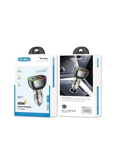 Go-Des GD-CC208 68W Hızlı Şarj Özellikli Dual Type-C + USB-A Portlu Araç Şarj Aleti