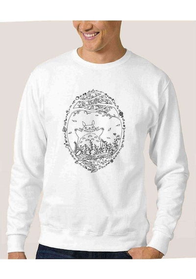 My Neighbor Komşum Totoro Baskılı Beyaz Erkek Örme Sweatshirt (528465966)