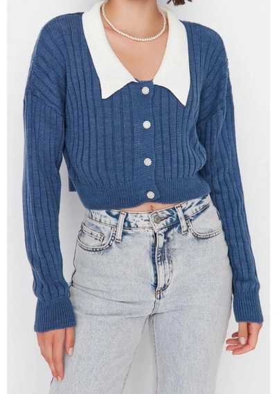 Ersefa Kadın Modern Tarz Regular Bebe Yaka Crop Triko Hırka Indigo