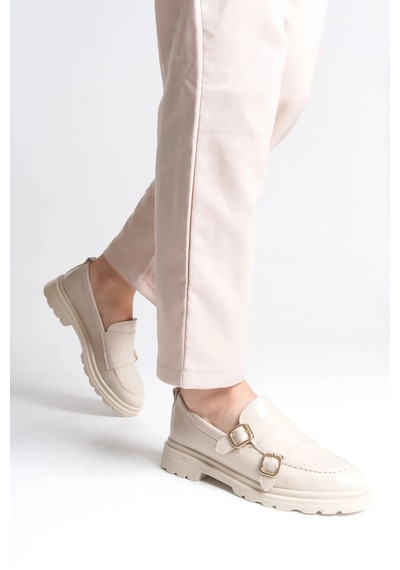 Sermoda Loafer Kadın Ayakkabı - Makosen Tokalı Casual Günlük Kadın Ayakkabı Ten Rugan
