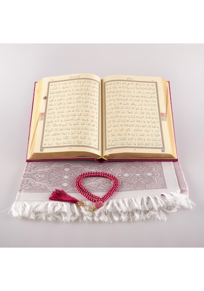 Kuran + Seccade + Tesbih Hediye Seti Orta Boy, Termo Deri, Desenli Kutu, Fuşya Pembe