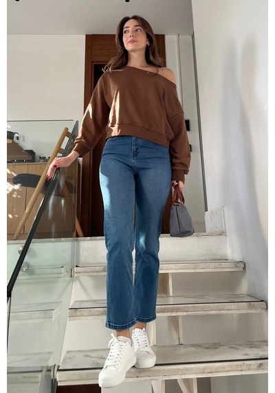 Kahverengi Kayık Yaka Kadın Sweatshirt Mg2208