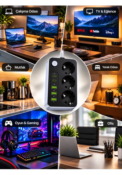 Akım Korumalı 3'lü Priz 2200w 1050j 10a Termal Korumalı 3 Usb 2 Type-c Şarj Girişli 0 - 2 M