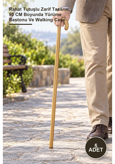 5 Adet Ahşap Baston Rahat Tutuşlu Zarif Tasarım, 90 Cm Boyunda Yürüme Bastonu Ve Walking Cane