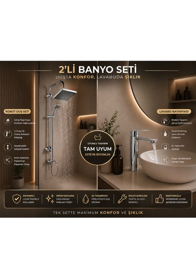 Lüx Premium Krom Robot Duş Seti Sabit Lavabo Bataryası 2'li Avantaj Seti Modern Tasarım Gri