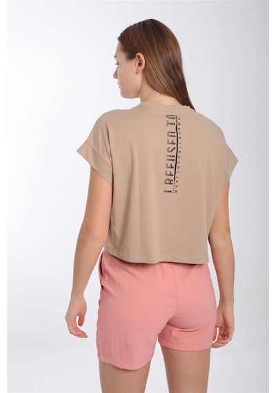 Maraton Sportswear Comfort Kadın Bisiklet Yaka Kısa Kol Basic Açık Vizon Crop Top 20856 Açık Vizon