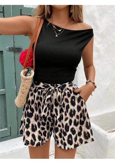 Valensdesign Kadın Kolsuz Bisiklet Yaka Viskon Bluz Ve Leopar Desenli Kısa Modal Short Ikili Takım Siyah