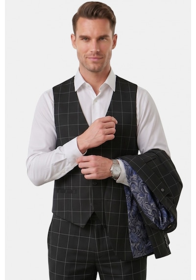 Deepsea Erkek Siyah Slim Fit 3 Lü Takım Elbise Yelekli Ekose Desenli Çift Düğme Takım Elbise 2600501 Deepsea Erkek Siyah Slim Fit 3 Lü Takım Elbise Yelekli Ekose Desenli Çift Düğme Takım Elbise 2600501