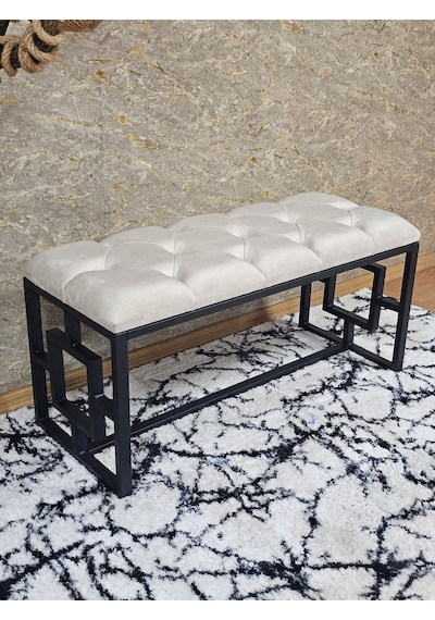 Zafir Siyah Boyalı İçi Kareli Diktörtgen 100 Cm X 40 Cm Oturak Puf - Bench - Makyaj Oturağı - Oturak Krem