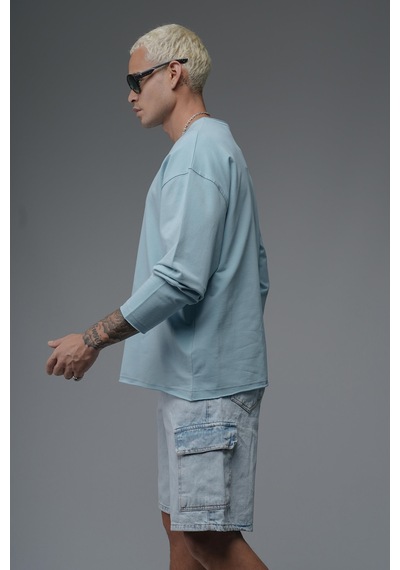 Pis Yaka Oversize Kalıp Düz Sweatshirt Mavi