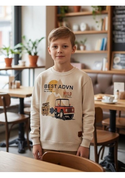 Zekids Erkek Çocuk Pamuklu Best Advn Yazılı İnce Uzun Kollu T-shirt-16342 KREM