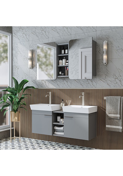 Likya 2 Kapaklı Ve Açık Raflı Mdflam 2 Lavabolu 120 Cm Kül Gri
