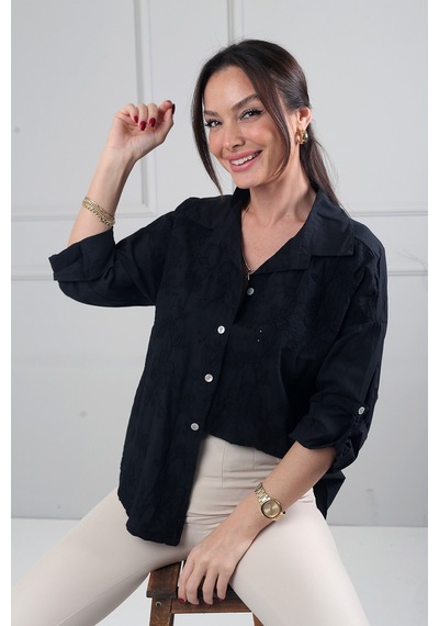 By Saygı Kadın Çiçek Nakış İşlemeli İtalyan Cotton Gömlek Siyah