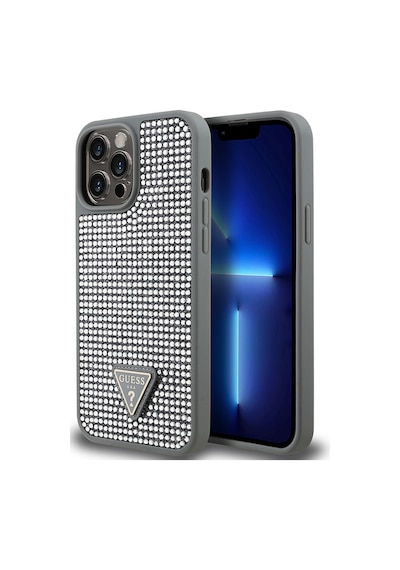 Apple iPhone 13 Pro Max Uyumlu Kılıf Guess  Lisanslı Taşlı Arka Yüzey Üçgen Logolu Kapak Gümüş