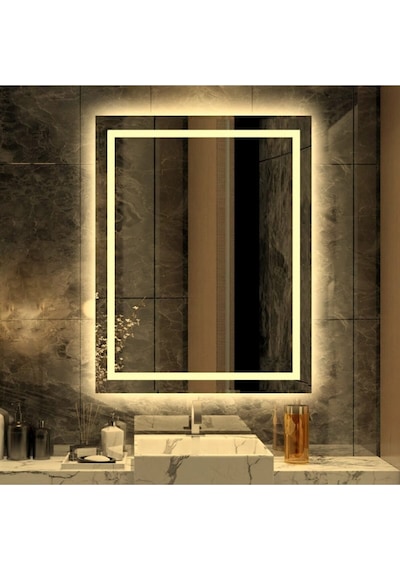 Nuun Dekor 90x70cm Günışığı Ledli Kumlamalı Banyo Ofis Kuaför Lavabo Aynası - Trafolu Şeffaf