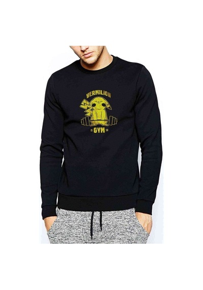 Pokemon Pikachu Gym Baskılı Siyah Erkek Örme Sweatshirt