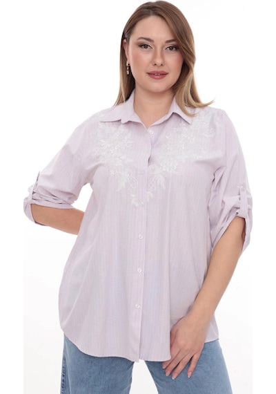 Lady Majestic Büyük Beden Cotton Nakış Detaylı Çizgili Gömlek Şık Ve Rahat Pudra