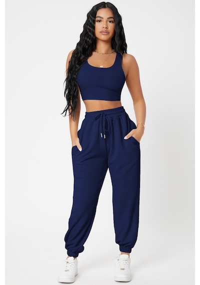 Moda Dua Kadın Lacivert Kaşkorse Cepli Jogger Eşofman Altı Ve Crop Top Bluz