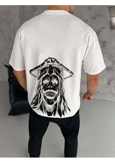Erkek Kısa Kol Tişört Bisiklet Yaka Yıldırım Baskılı Oversize T-shirt - Beyaz
